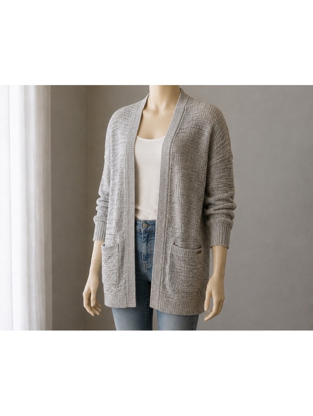 Abercrombie & Fitch Women’s L Open Front Textured Knit Cardigan Gray Pockets